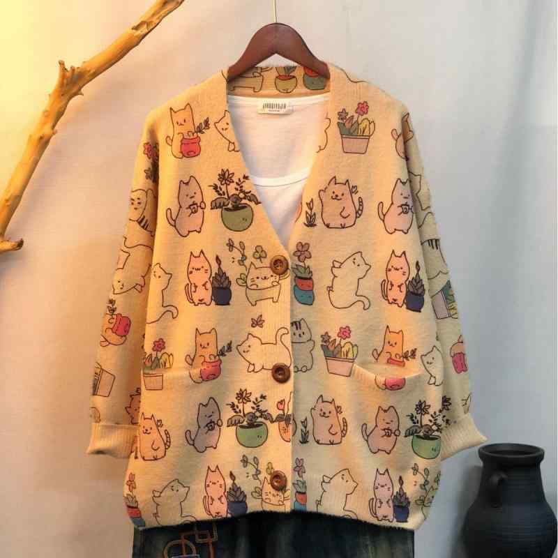 ニット レディース かわいい 韓国風 秋冬 ゆったり Vネック ゆるふわ トップス カーディガン 仿水貂绒 羊毛混紡 暖か 長袖 プリント柄 カジュアル デイリー