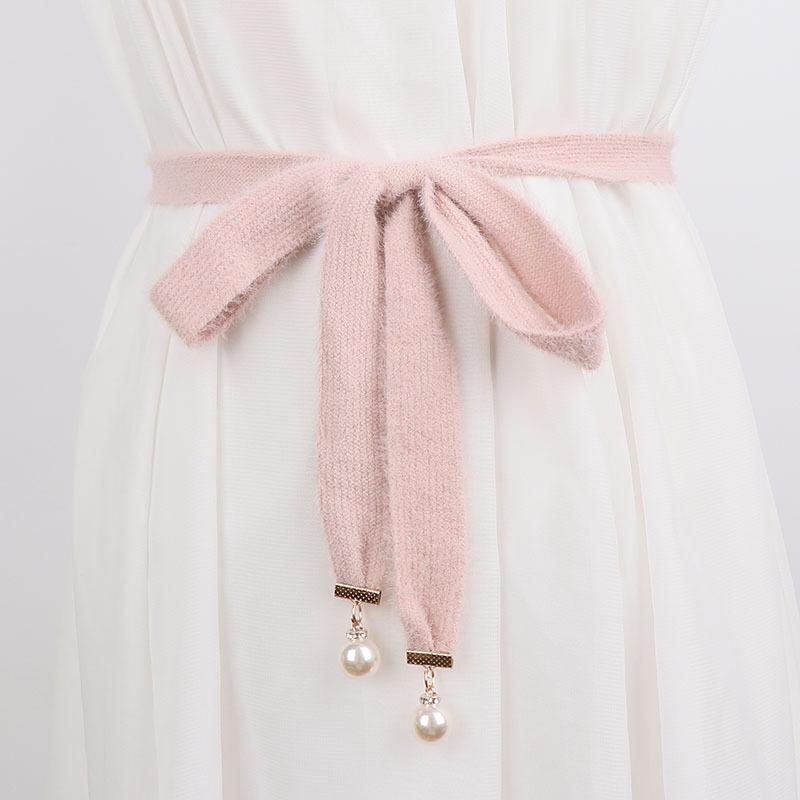 ベルト レディース 細ベルト 飾りベルト ワンピース スカート 普段使い ファッション小物 ウサギの毛皮風 紺色 白色 黒色(4)