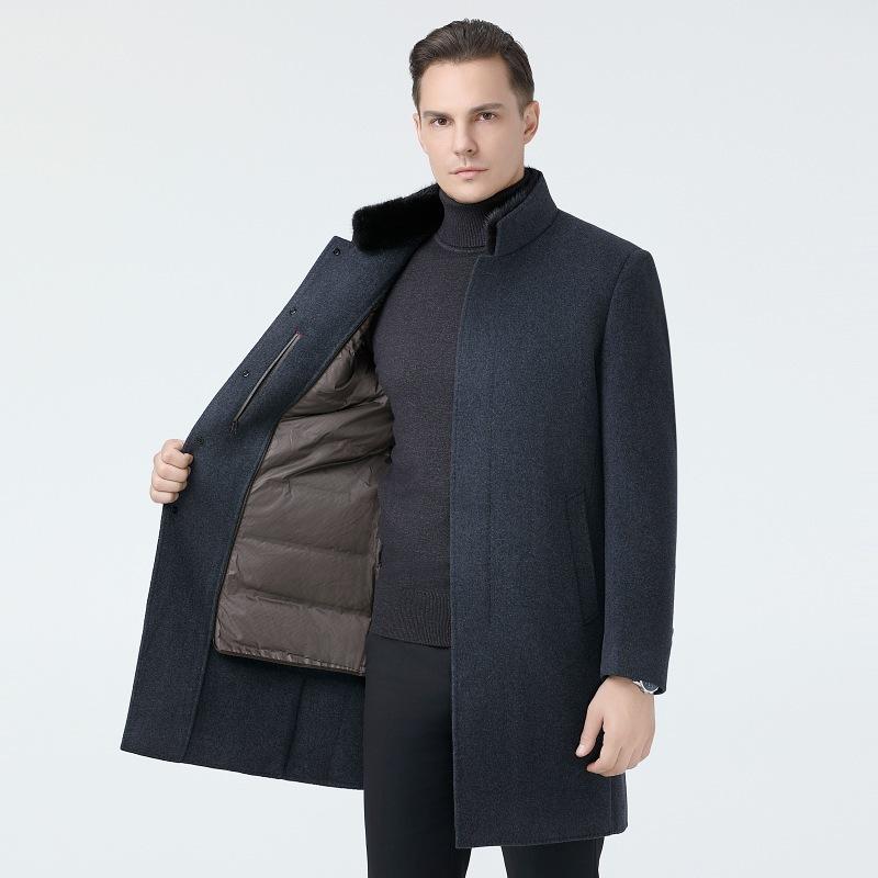 コート メンズ 男性用 ウール ダブルフェイス ミンクファー ダウンインナー 取り外し可能 ミドル丈 秋冬 無地 立ち襟 ポケット付き 170 175 180 185 190 195 紺 グレー 黒