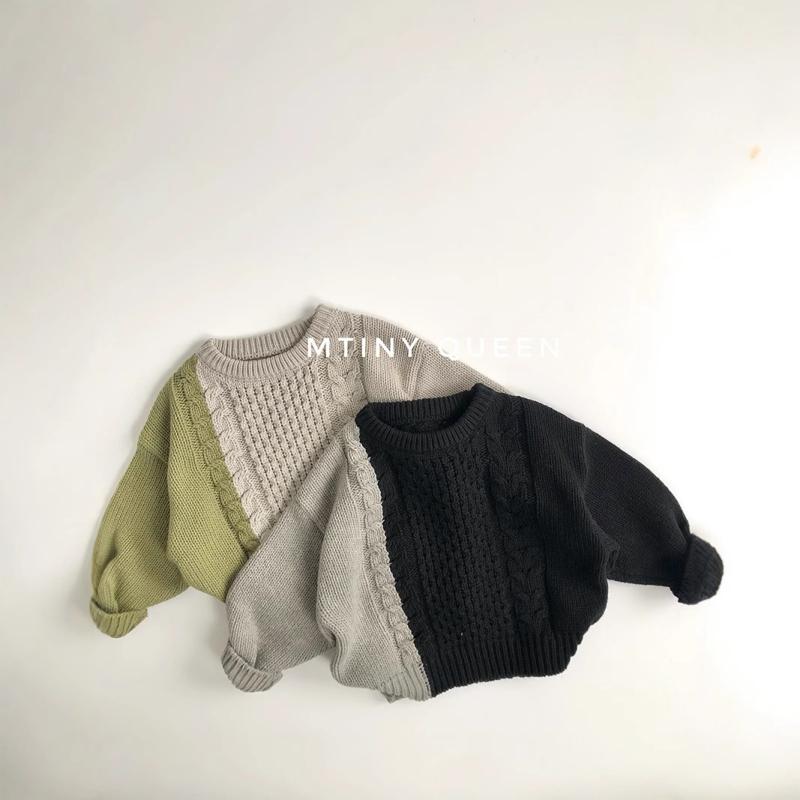 ニット 子供服 配色 セーター ゆったり 針編み トップス 男の子 女の子 春秋 かわいい 黒 グレー 灰色 緑