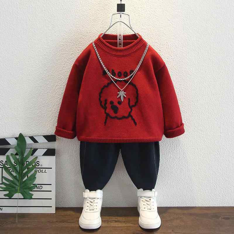 ニット キッズ 男の子 子供服 厚手 秋冬 春秋用 コットン セーター トップス 長袖 丸首 90 100 110 120 130 140 150 赤 チョコレート色 かわいい 韓国風 普段着 通園 通学