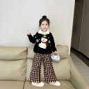 子供用ニット・セーター & パンツ 上下セット クリスマス 小熊 ジャガード 雪柄 襟付き 厚手 裏起毛 チェック柄 ズボン 秋冬