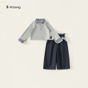 子供用セットアップ 長袖トレーナー レース 縁取り 長ズボン 上下セット 春秋 女の子 かわいい 普段着 部屋着 グレー 格子柄 綿