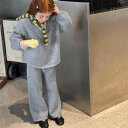 子供服 セットアップ 女の子 ニット セーター パンツ 2点セット 長袖 長ズボン 無地 シンプル カジュアル 秋冬 グレー カーキ