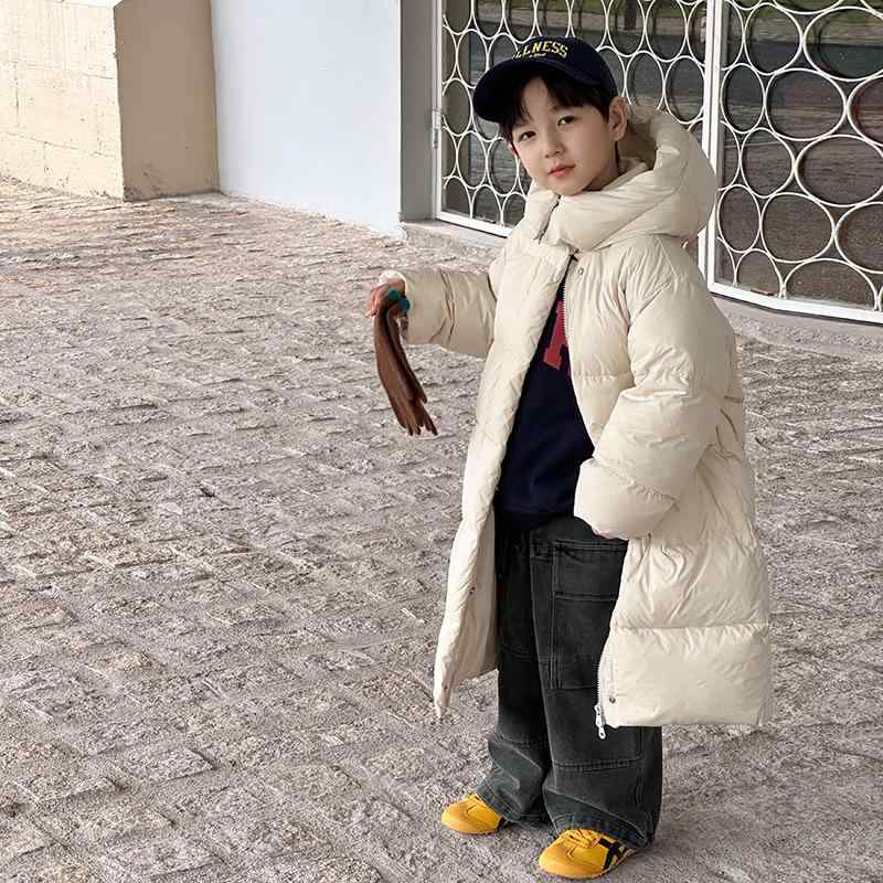 子供服 アウター ダウンジャケット 男女兼用 中綿入り 白ダックダウン 防寒 秋冬 無地 ミドル丈 90％以..