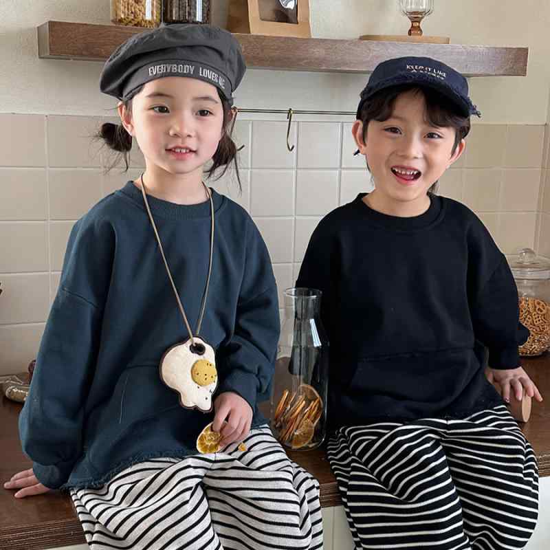 キッズ スウェットシャツ 男女兼用 ベビー 綿100％ 裏毛 無地 プルオーバー トップス 9分袖 トレーナー 80cm 90cm 100cm 110cm 120cm 130cm 140cm ブルー ブラック ベージュ(4)