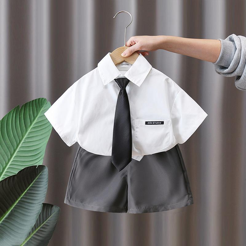 子供用スーツ 男の子 半袖シャツ ハーフパンツ 2点セット 夏服 薄手 通園 通学 ブラックパンツ