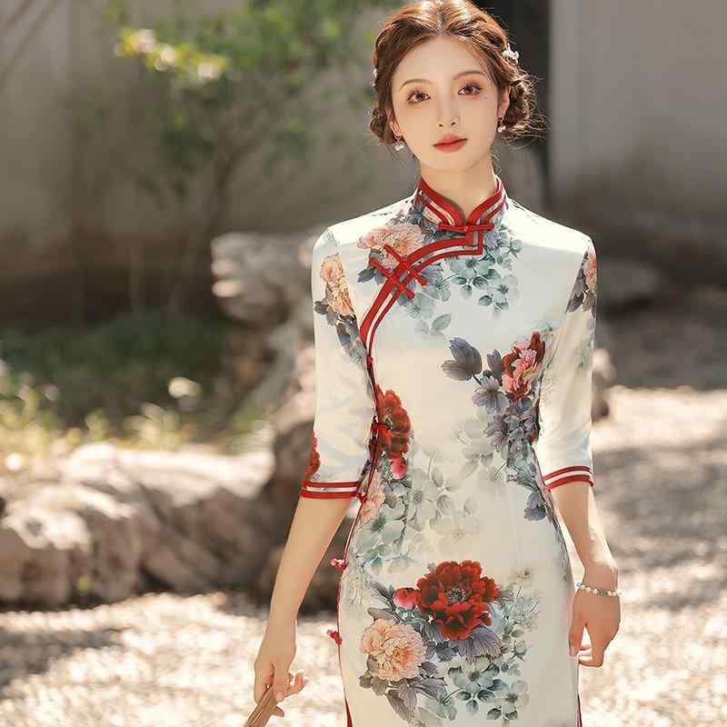 China Dress - チャイナドレス レディース 七分袖ワンピース ロング丈 ポリエステル 立襟 斜め襟 3D柄 レトロ 文芸復古 M L XL XXL 3XL 4XL