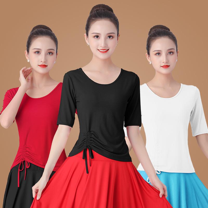 ダンス衣装 レディース トップス 練習着 舞台衣装 モダール 粘纤 無地 7分袖/長袖 赤/ワインレッド/ピ..