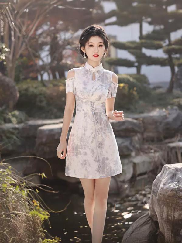 チャイナドレス レディース 春夏 立襟 膝丈 Aライン 半袖 天絲 プリント 露肩 スリムフィット かわいい おしゃれ