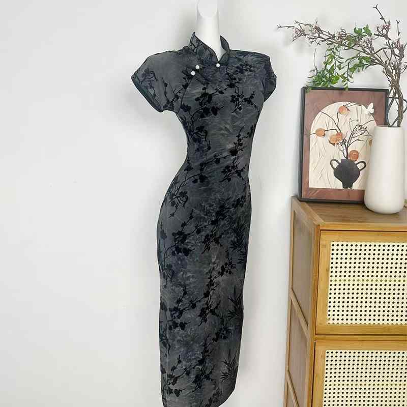 チャイナドレス レディース ストレッチ ベロア ロング ノースリーブ ワンピース ミモレ丈 膝下丈 立襟 ..