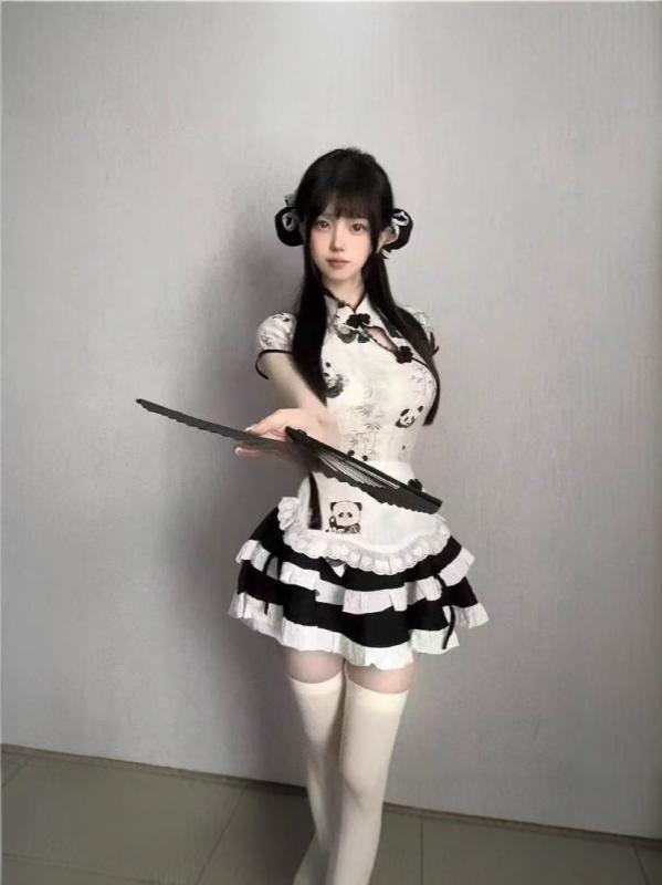 チャイナドレス レディース かわいい 国風 パンダ柄 プリント トップス ハイウエスト 着痩せ エプロン ..