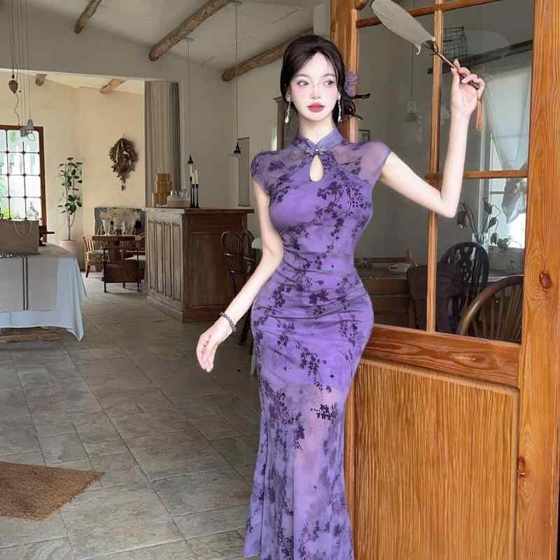 チャイナドレス レディース ノースリーブ Vネック 包臀 高腰 ワンピース ロマ綿 ポリエステル 切り替え..