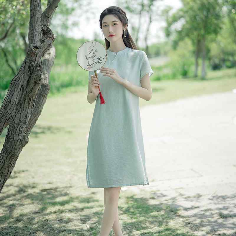 ワンピース レディース 文芸復古 チャイナドレス テントライン 半袖 膝下丈 提花 水色 接触冷感 再生繊維