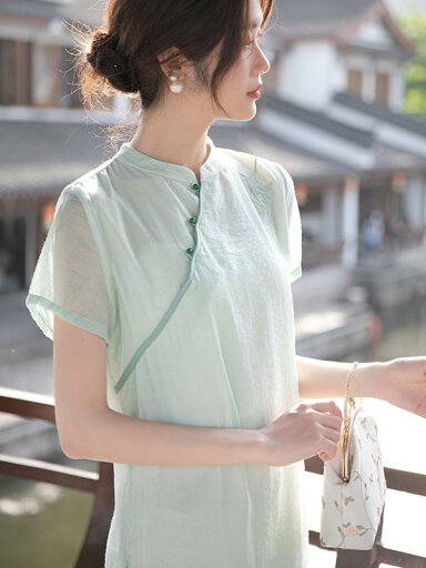 チャイナドレス レディース 春夏 ワンピース 接触冷感 刺繍 Aライン 立襟 半袖 膝丈 ミモレ丈 ゆったり 普段着 中国風 浅緑色 チャイナドレス レディース 春夏 ワンピース 接触冷感 刺繍 Aライン 立襟 半袖 膝丈 ミモレ丈 ゆったり 普段着 中国風 浅緑色