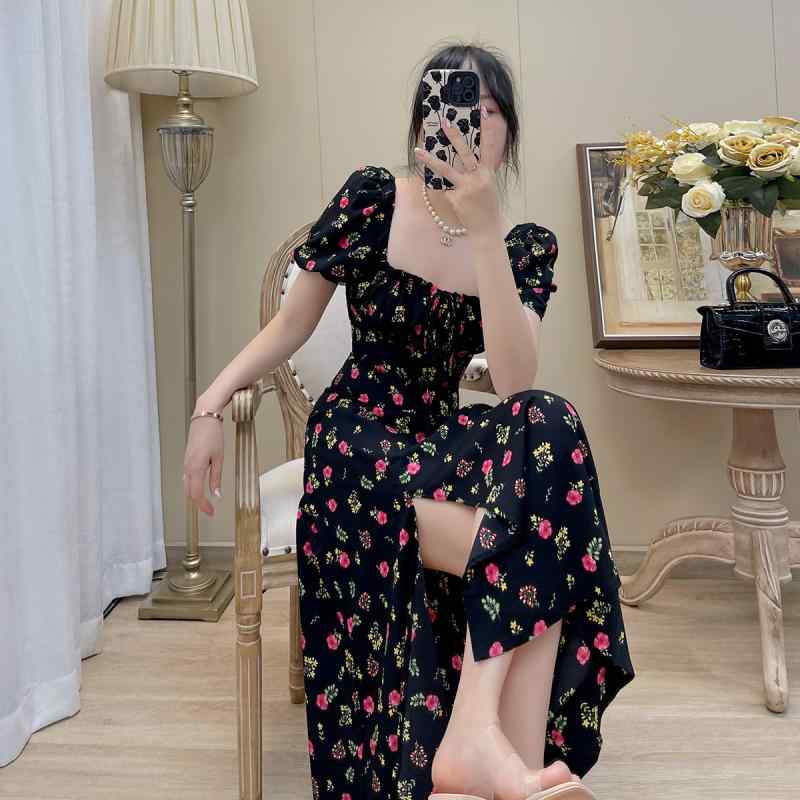 チャイナドレス レディース 半袖 Vネック フラワープリント ブラック 黒色 シフォンワンピース ロングワンピース 高見え エレガント きれいめ 通勤