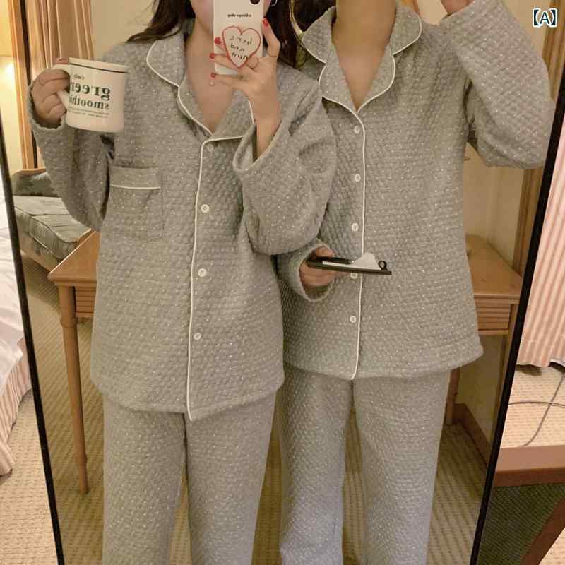 パジャマ レディース メンズ 冬用 厚手 コットン混紡 水玉模様 ルームウェア 上下セット 夫婦 ペア 襟付き 長袖 長ズボン 部屋着 寝間着 普段使い 秋冬 グレー ブルー