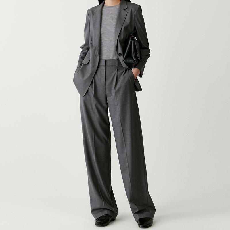スーツ レディース ウール テーラードジャケット ワイドパンツ セットアップ 深灰色 黒 長袖 通勤 オフィス きれいめ 上品