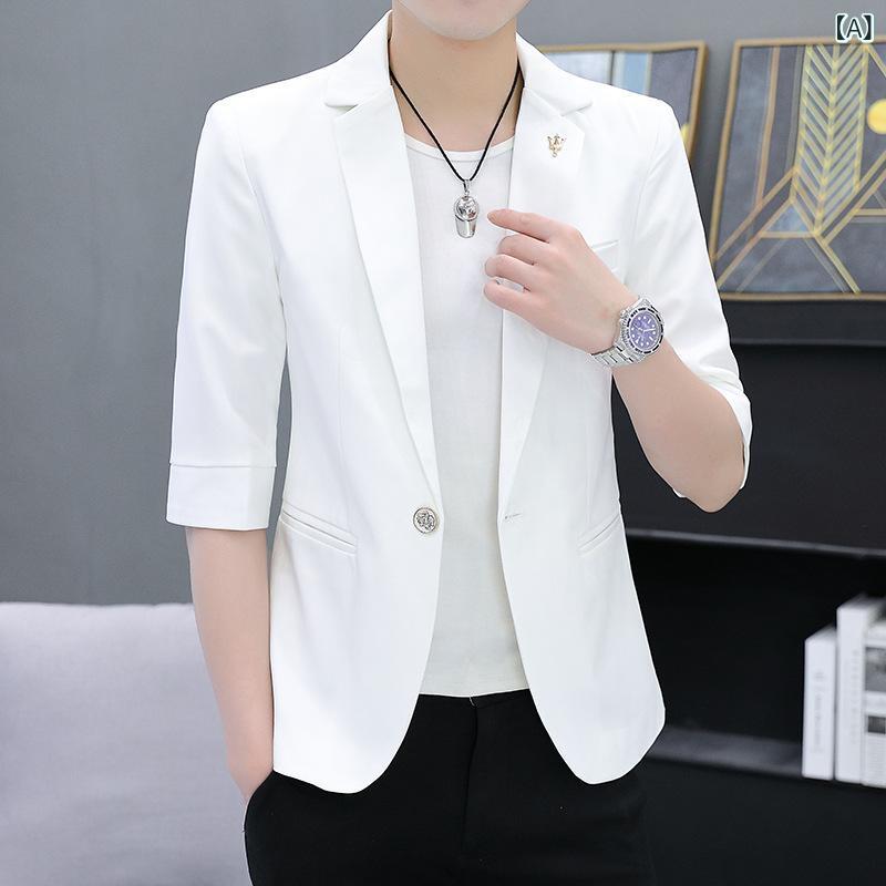 ジャケット メンズ 男性用 7分袖 サマージャケット スリムフィット 無地 スタイリッシュ コットン混紡 春夏 ホワイト ブラック ピンク系 ブルー M L XL 2XL 3XL 4XL