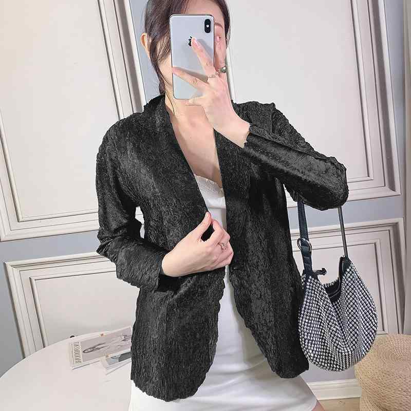 ジャケット レディース テーラードジャケット 春秋 カジュアル ゆったり ポリエステル 褶 жи皺 ショート丈 無地 緑 黒 茶色 青