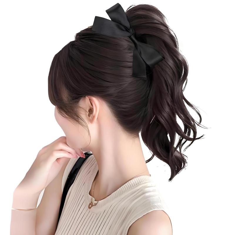 ウィッグ レディース ポニーテール 新中式 ヘアクリップ付き 自然なボリューム 後頭部 蝶結び 高め ポニーテール ブラック ダークブラウン ライトブラウン ブラックブラウン