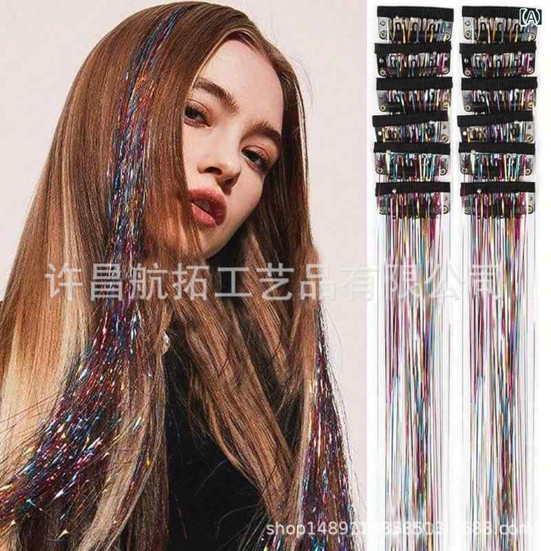 ヘアエクステンション レディース 女性用 ウィッグ メタリックカラー ストレート 50cm 七色 金 銀 パールホワイト 紫系 高温耐熱