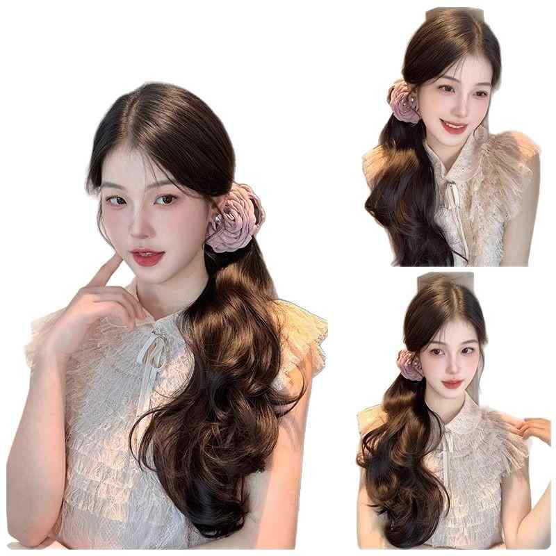 ヘアエクステンション レディース 薔薇 バラ ポニーテール 森ガール まとめ髪 サイド 長い 三つ編み 黒髪 茶髪 ブラック ブラウン ダークブラウン ライトブラウン