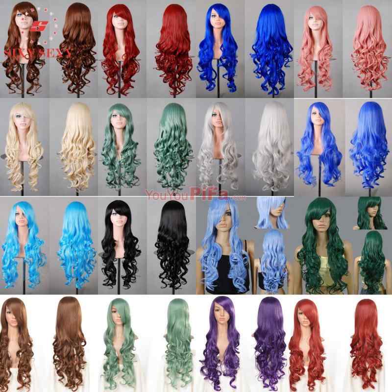 ウィッグ レディース コスプレ カーリーヘア 80cm 高温耐熱 アッシュ 金髪 黒髪 ブルー ゴールド 亜麻..