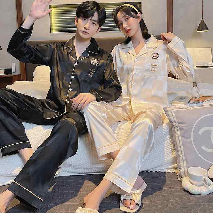 パジャマ メンズ レディース 春秋 長袖 長ズボン 薄手 襟付き 格子柄 寝巻き ルームウェア 部屋着 ポリエステル ブラック系