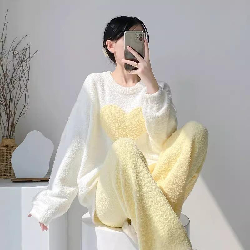 パジャマ レディース 秋冬 ルームウェア 上下セット 暖かい かわいい 部屋着 厚手 ポリエステル 長袖 長ズボン ピンク系 イエロー系