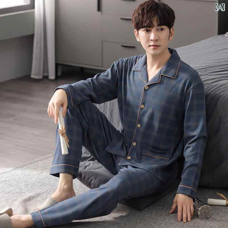 パジャマ メンズ 男性用 コットン 長袖 上下セット 秋冬 部屋着 寝間着 ルームウェア 大サイズ ゆったり 普段使い リラックス 綿混紡 2