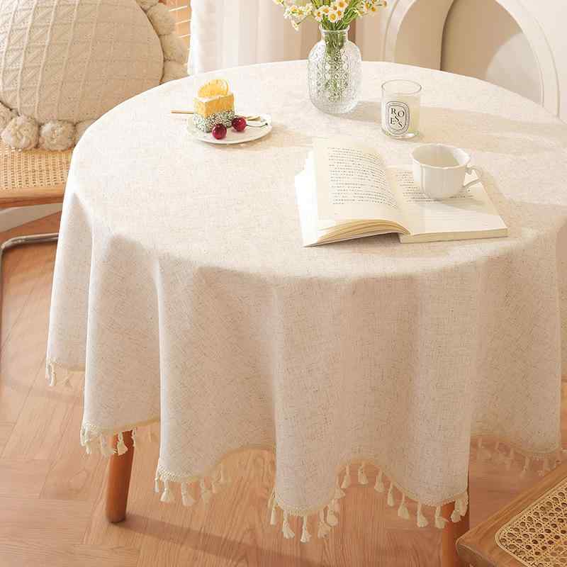 テーブルクロス 円形 竹節 麻 綿麻 無地 タッセル 北欧風 防滑 耐摩耗 防塵 美化装飾 黄色 花柄