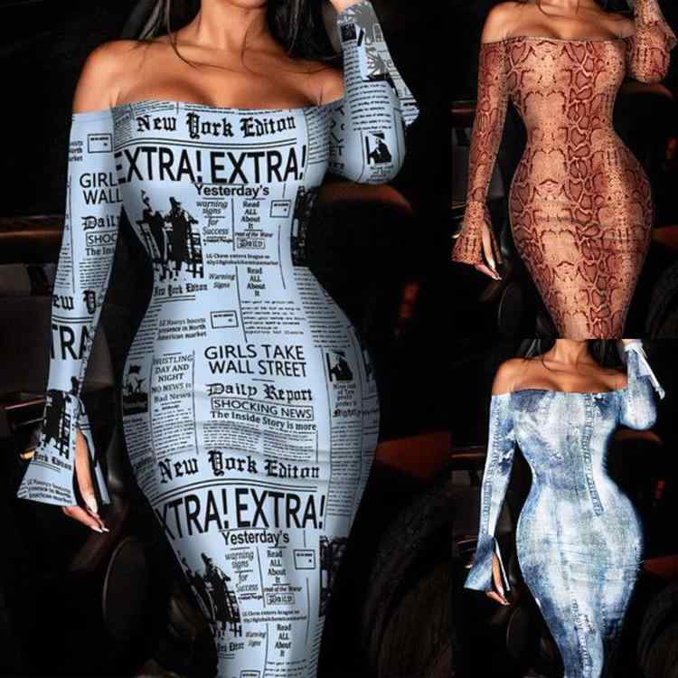 ワンピース レディース 秋冬 一字领 蛇柄 ヘビ柄 長袖 ハイウエスト 膝丈 鉛筆スカート タイトスカート 伸縮性 ポリエステル 知的 エレガント セクシー ナイトスタイル