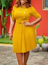ワンピース レディース 秋冬 アフリカ 高腰 5分袖 膝丈 プリーツ 無地 エレガント 通勤 黄色 白 赤 緑
