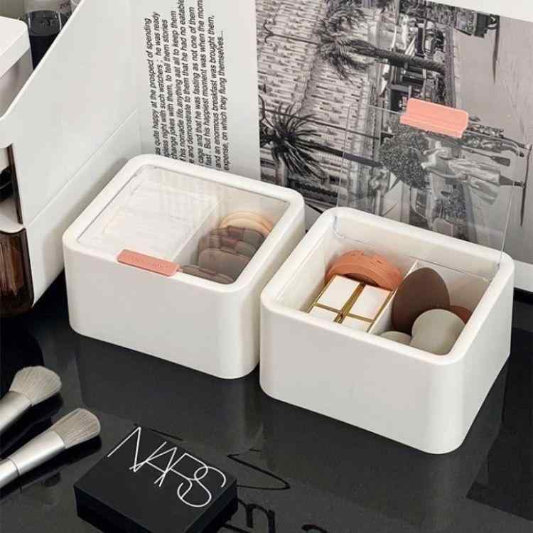 メイクボックス 化粧品 コスメ収納ケース ふた付き 防塵 パフ スポンジ フェイスパウダー 卓上 綿棒 整..