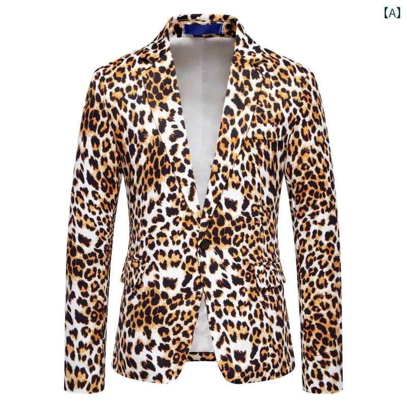 メンズ カジュアルスーツ ヒョウ柄 プリント ジャケット 男性用 フォーマル ウェア 秋冬物 アウター 黄色 ホワイト ポリエステル スリムフィット