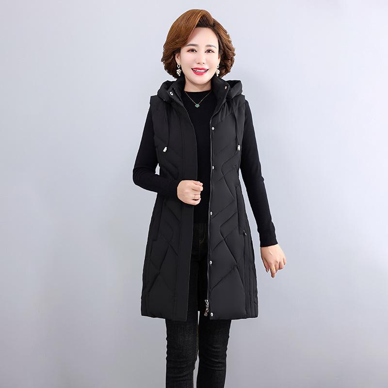 ダウンベスト レディース 中綿ベスト シニア ミドル丈 フード付き 前開き チョッキ ゆったり 大きいサイズ ホワイト カーキ ブラック ネイビー レッド 冬 防寒 あったか 暖かい