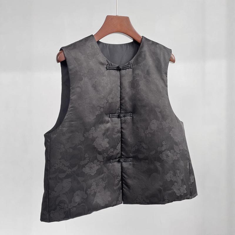 ベスト レディース 香雲紗 チュニック丈 中華風 チャイナ風 立襟 詰襟 ノースリーブトップス 秋冬 シル..