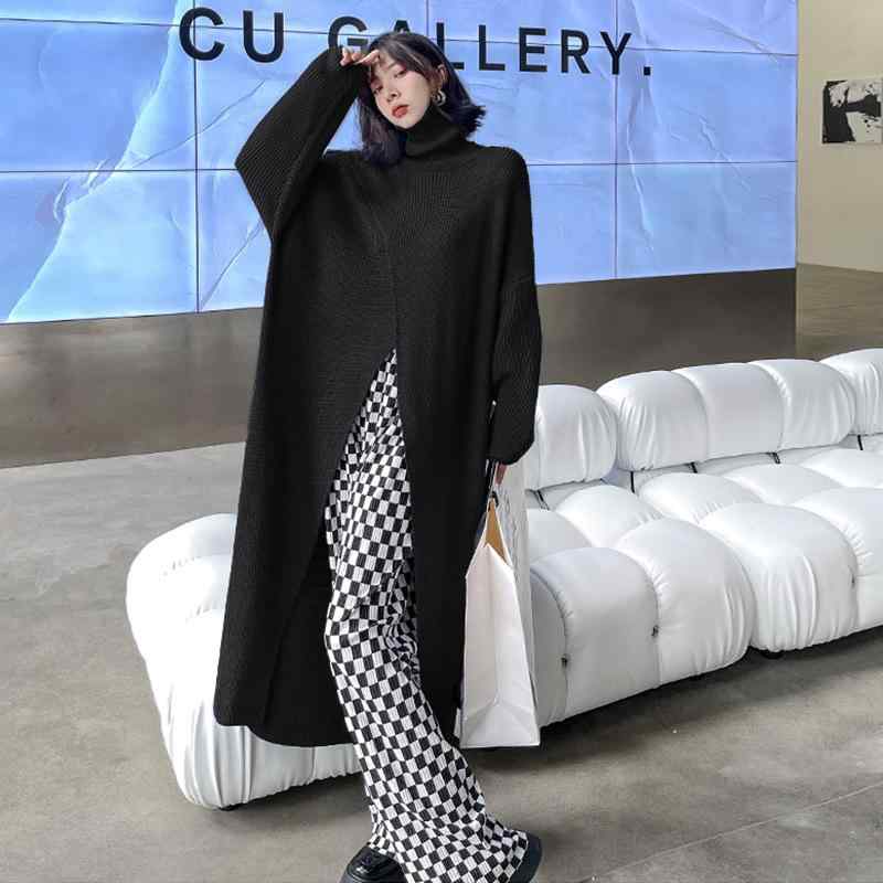 ニットワンピース レディース 高襟 スリット入り 膝丈 街頭風 ゆったり ブラック ブルー 無地 長袖 ト..