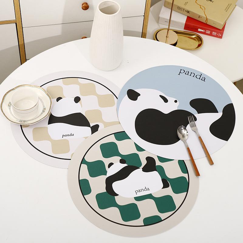 ランチョンマット 新中華風 円形 熊猫 パンダ柄 レザー 給食マット 防汚 撥水 家庭用 レストラン 食卓 かわいい