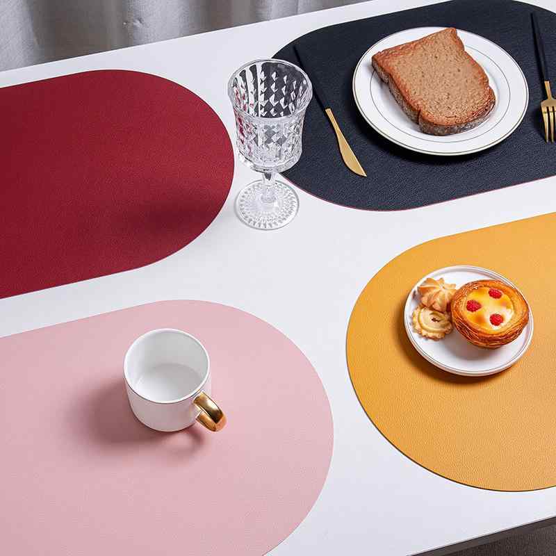 ランチョンマット 北欧風 レザー 撥水 楕円形 断熱 テーブルマット プレースマット コースター ツートンカラー リッチテクスチャ 棕色 黒色 赤色 ピンク系