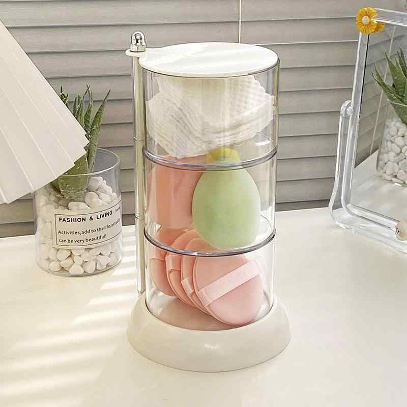 メイクアップパフ 収納ケース メイク用スポンジ 回転式 防塵 透明 卓上 化粧品 コットン パウダー 小物入れ 透白
