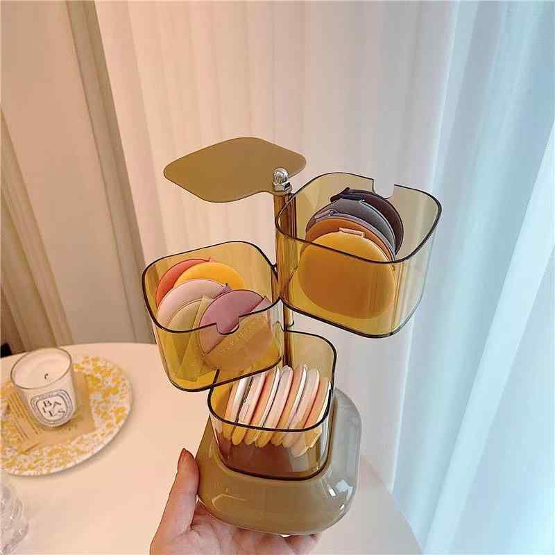 メイクアップ スポンジ 収納ケース アクセサリーケース 回転式 4段 白 茶色