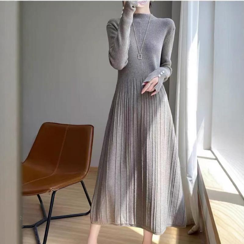 ニットワンピース レディース Aライン 長袖 ひざ丈 ロング丈 ワンピース 秋冬 普段使い 杏色 深灰色 赤 黒 浅灰色 ポリエステル 粘???