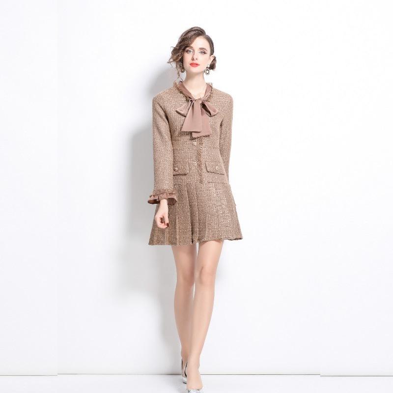 ワンピース レディース 秋冬 レトロ風 スカーフカラー 長袖 プリーツ ミニスカート 深棕色 文芸風