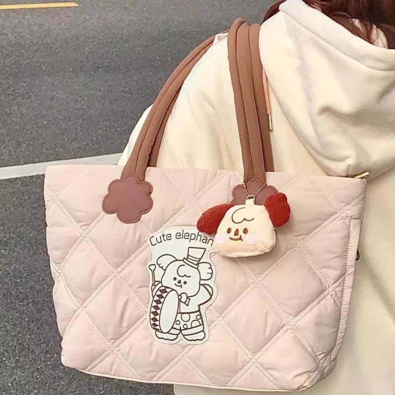 トートバッグ レディース キャンバス 大容量 刺繍 かわいい 象 秋冬 肩掛け 手提げ 米白