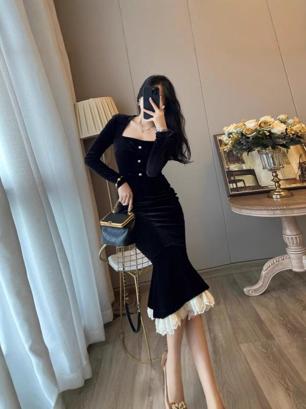 ワンピース レディース 秋冬 黒 Aラインワンピース 膝下丈 長袖 スクエアネック ベルベット調 伸縮性 無地 高見え 気質 通勤 デート パーティー