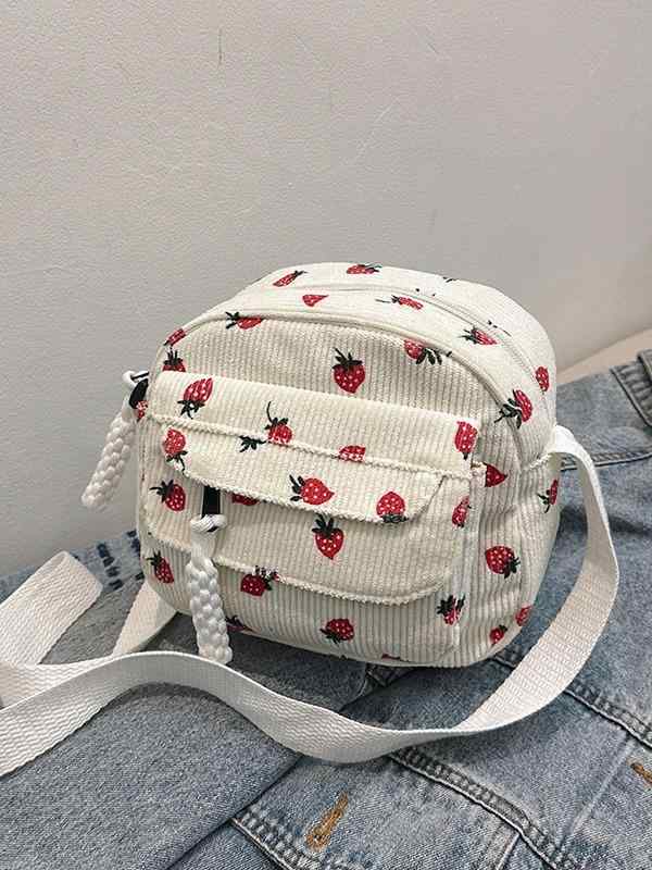 ショルダーバッグ レディース コーデュロイ 韓国 いちご柄 スマホバッグ 斜めがけ かわいい カジュアル 白 ホワイト ピンク ブラック 黒 深みのあるブラウン
