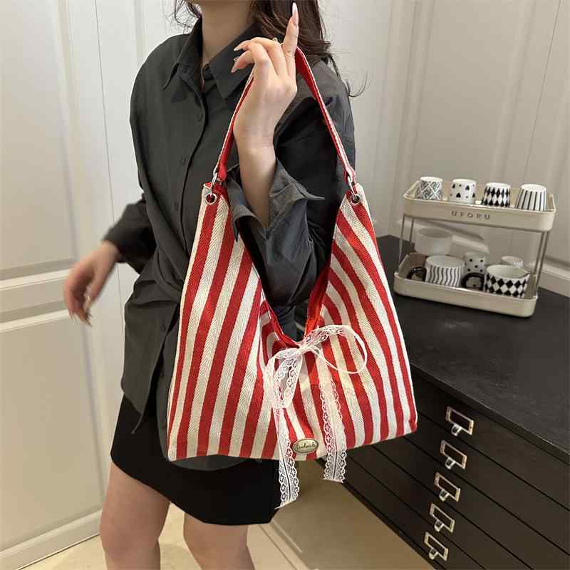 ショルダーバッグ レディース 帆布 キャンバス 大容量 通勤 通学 ストライプ 肩掛け 鞄 カバン 赤 黒 シンプル カジュアル