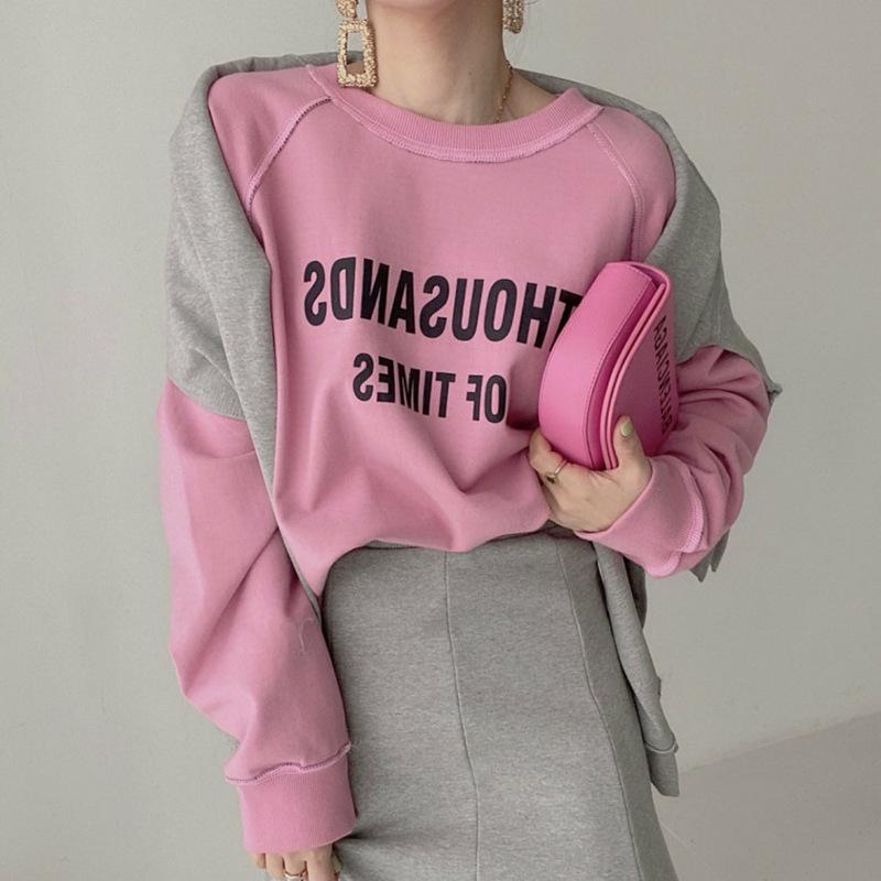 セットアップ レディース 韓国風 カジュアル ロゴプリント スウェット トレーナー フィッシュテール スカート ミモレ丈 春秋 ピンク ブルー ブラック グレー ベージュ